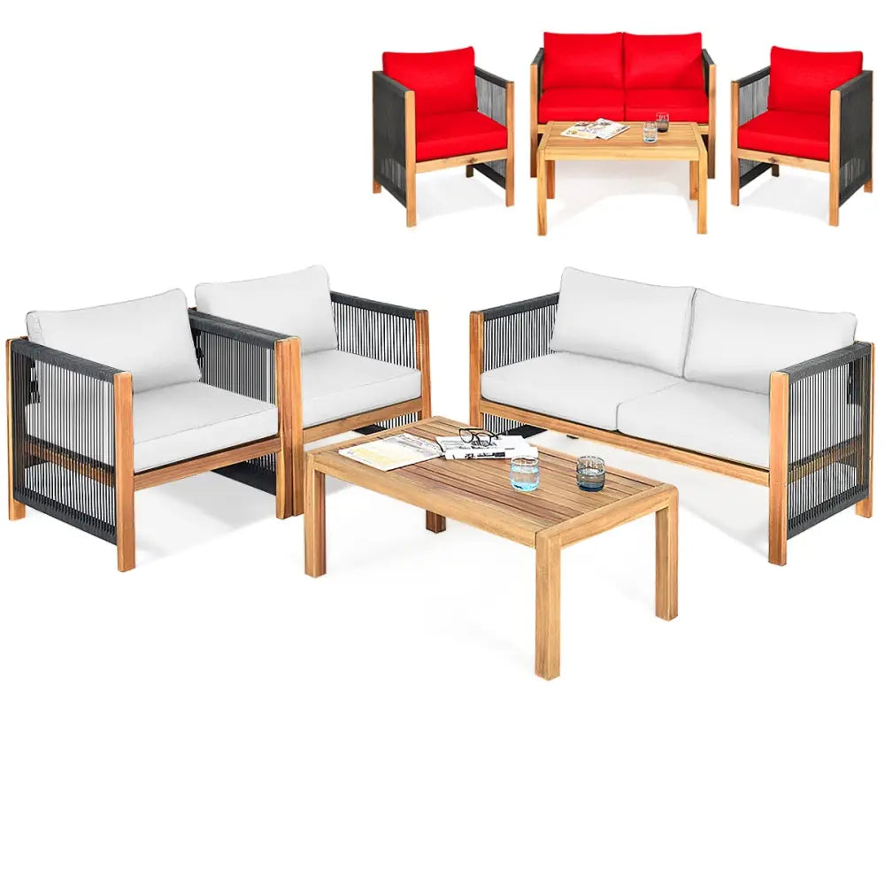 4 Pieces Wood Outdoor Patio Furniture Set with Cushions for Garden-Red - Red - Patio Furniture Sets