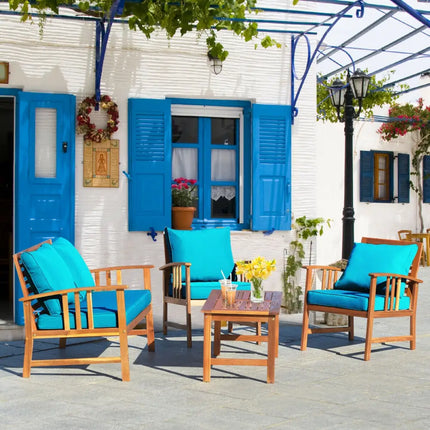 4 Pieces Wooden Patio Furniture Set Table Sofa Chair Cushioned Garden - Turquoise - Patio Conversation Sets