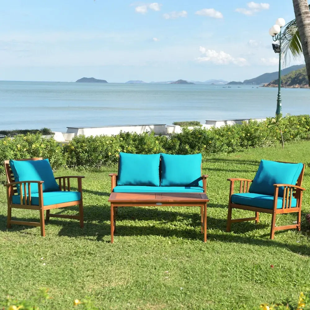 4 Pieces Wooden Patio Furniture Set Table Sofa Chair Cushioned Garden - Turquoise - Patio Conversation Sets