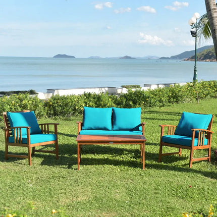 4 Pieces Wooden Patio Furniture Set Table Sofa Chair Cushioned Garden - Turquoise - Patio Conversation Sets