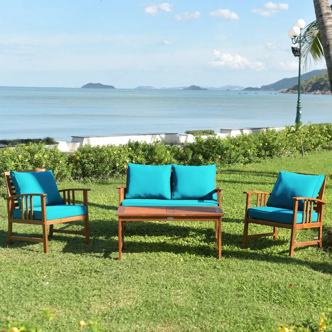 4 Pieces Wooden Patio Furniture Set Table Sofa Chair Cushioned Garden - Turquoise - Patio Conversation Sets