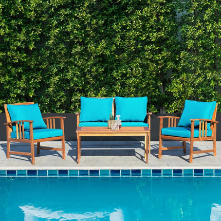 4 Pieces Wooden Patio Furniture Set Table Sofa Chair Cushioned Garden - Turquoise - Patio Conversation Sets