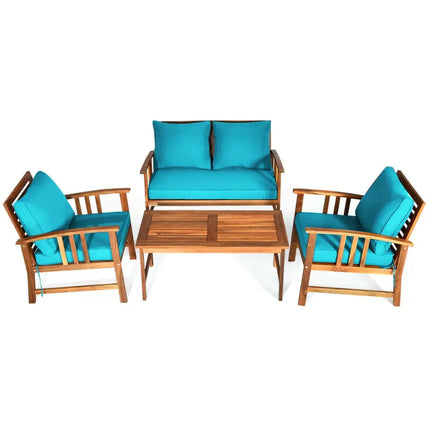 4 Pieces Wooden Patio Furniture Set Table Sofa Chair Cushioned Garden - Turquoise - Patio Conversation Sets