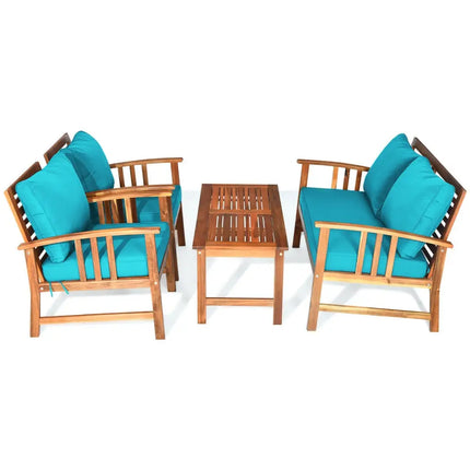 4 Pieces Wooden Patio Furniture Set Table Sofa Chair Cushioned Garden - Turquoise - Patio Conversation Sets