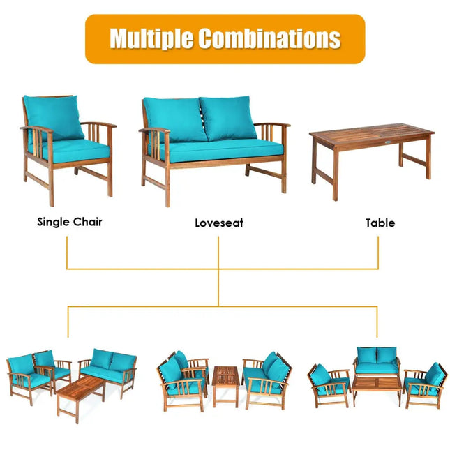4 Pieces Wooden Patio Furniture Set Table Sofa Chair Cushioned Garden - Turquoise - Patio Conversation Sets