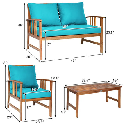 4 Pieces Wooden Patio Furniture Set Table Sofa Chair Cushioned Garden - Turquoise - Patio Conversation Sets