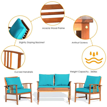 4 Pieces Wooden Patio Furniture Set Table Sofa Chair Cushioned Garden - Turquoise - Patio Conversation Sets