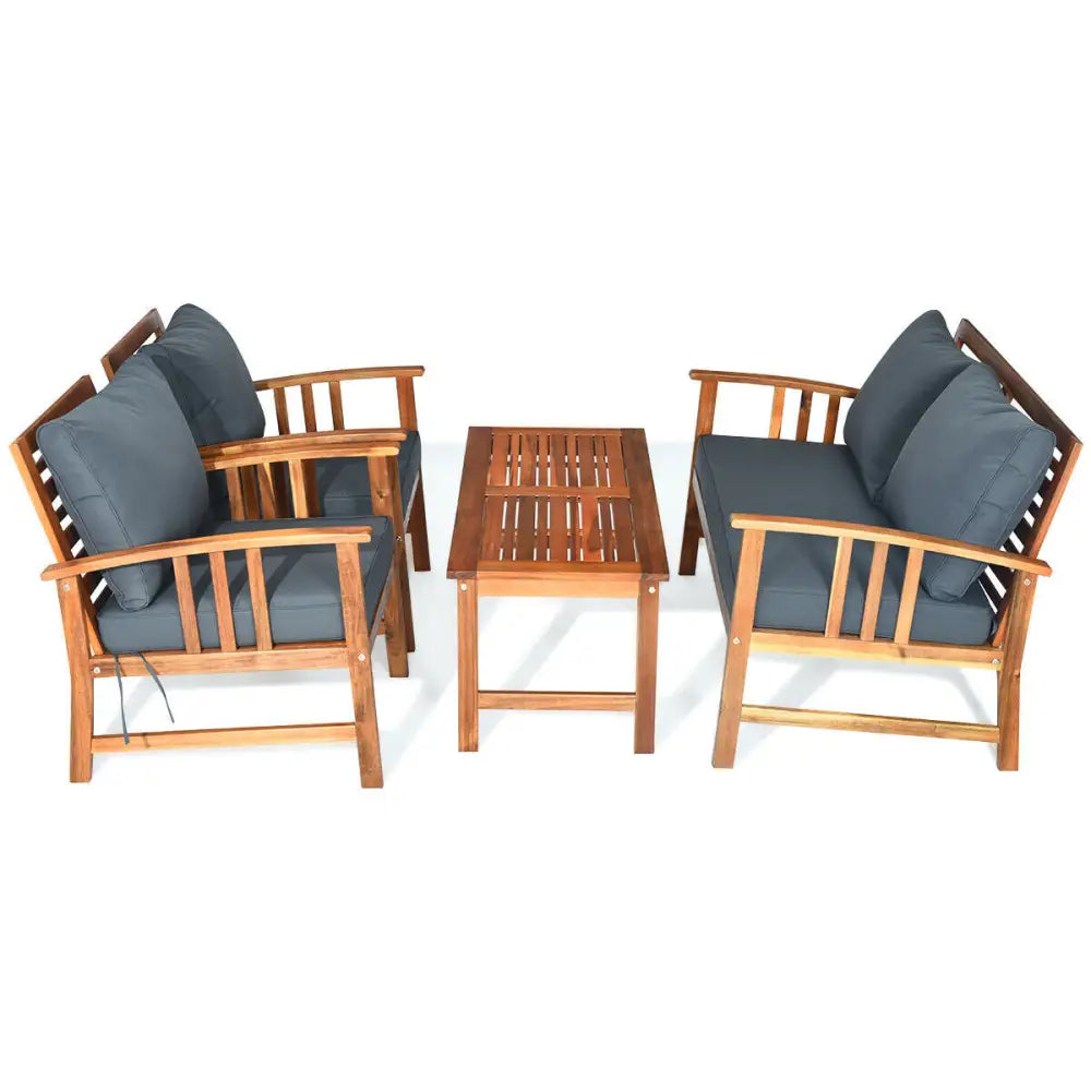 4 Pieces Wooden Patio Furniture Set with Table and Sofa Chair - Gray - Patio Conversation Sets
