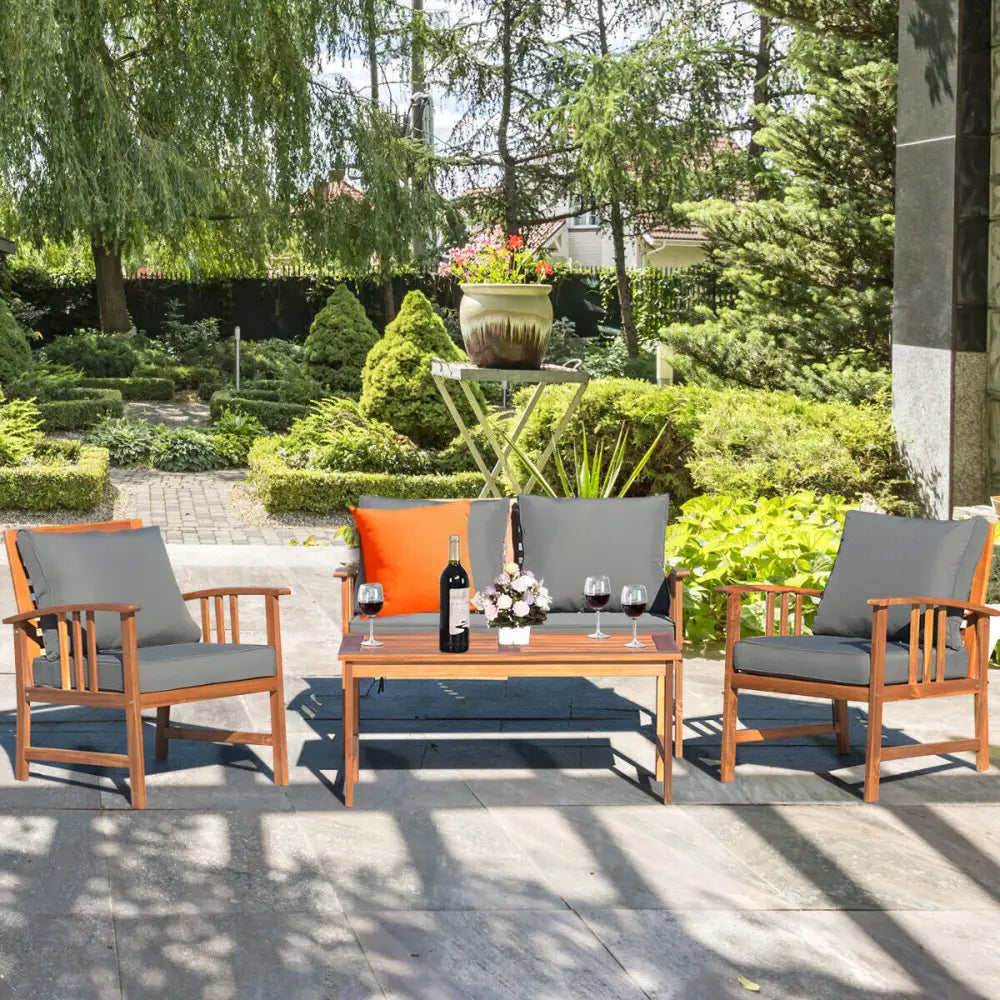 4 Pieces Wooden Patio Furniture Set with Table and Sofa Chair - Gray - Patio Conversation Sets