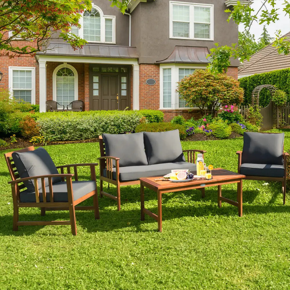 4 Pieces Wooden Patio Furniture Set with Table and Sofa Chair - Gray - Patio Conversation Sets