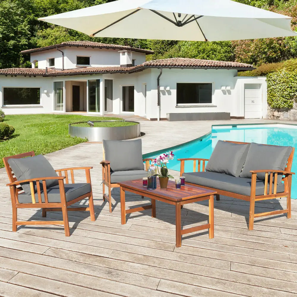 4 Pieces Wooden Patio Furniture Set with Table and Sofa Chair - Gray - Patio Conversation Sets