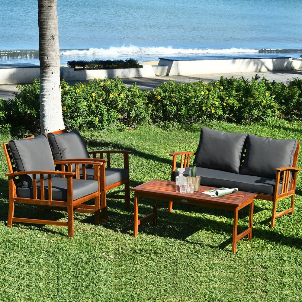 4 Pieces Wooden Patio Furniture Set with Table and Sofa Chair - Gray - Patio Conversation Sets