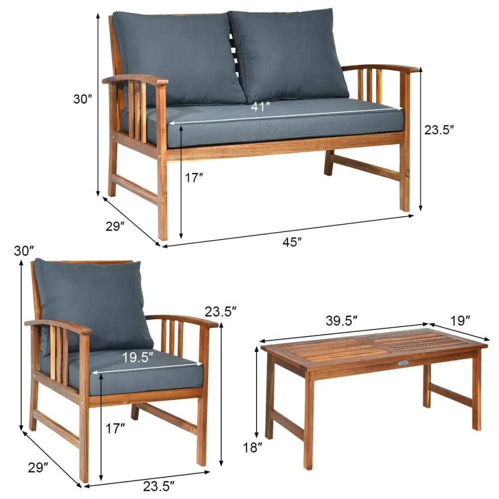 4 Pieces Wooden Patio Furniture Set with Table and Sofa Chair - Gray - Patio Conversation Sets