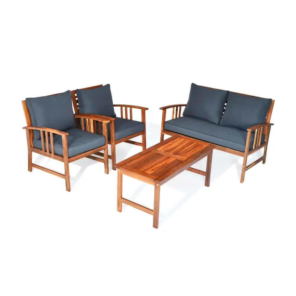 4 Pieces Wooden Patio Furniture Set with Table and Sofa Chair - Gray - Patio Conversation Sets