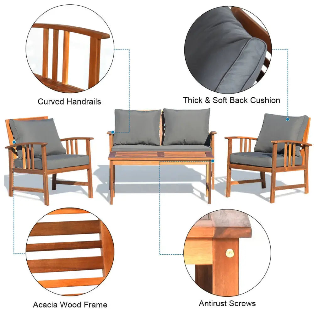4 Pieces Wooden Patio Furniture Set with Table and Sofa Chair - Gray - Patio Conversation Sets