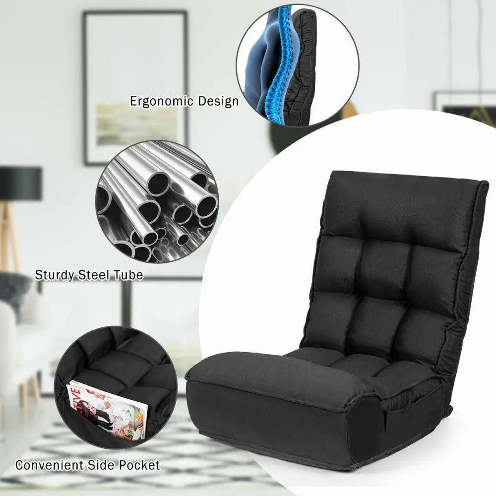 4-Position Adjustable Floor Chair Folding Lazy Sofa-Black - Black - Floor Chairs