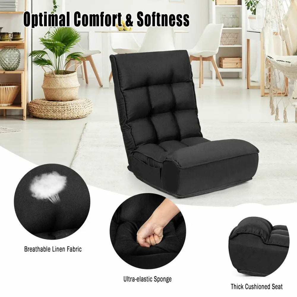 4-Position Adjustable Floor Chair Folding Lazy Sofa-Black - Black - Floor Chairs