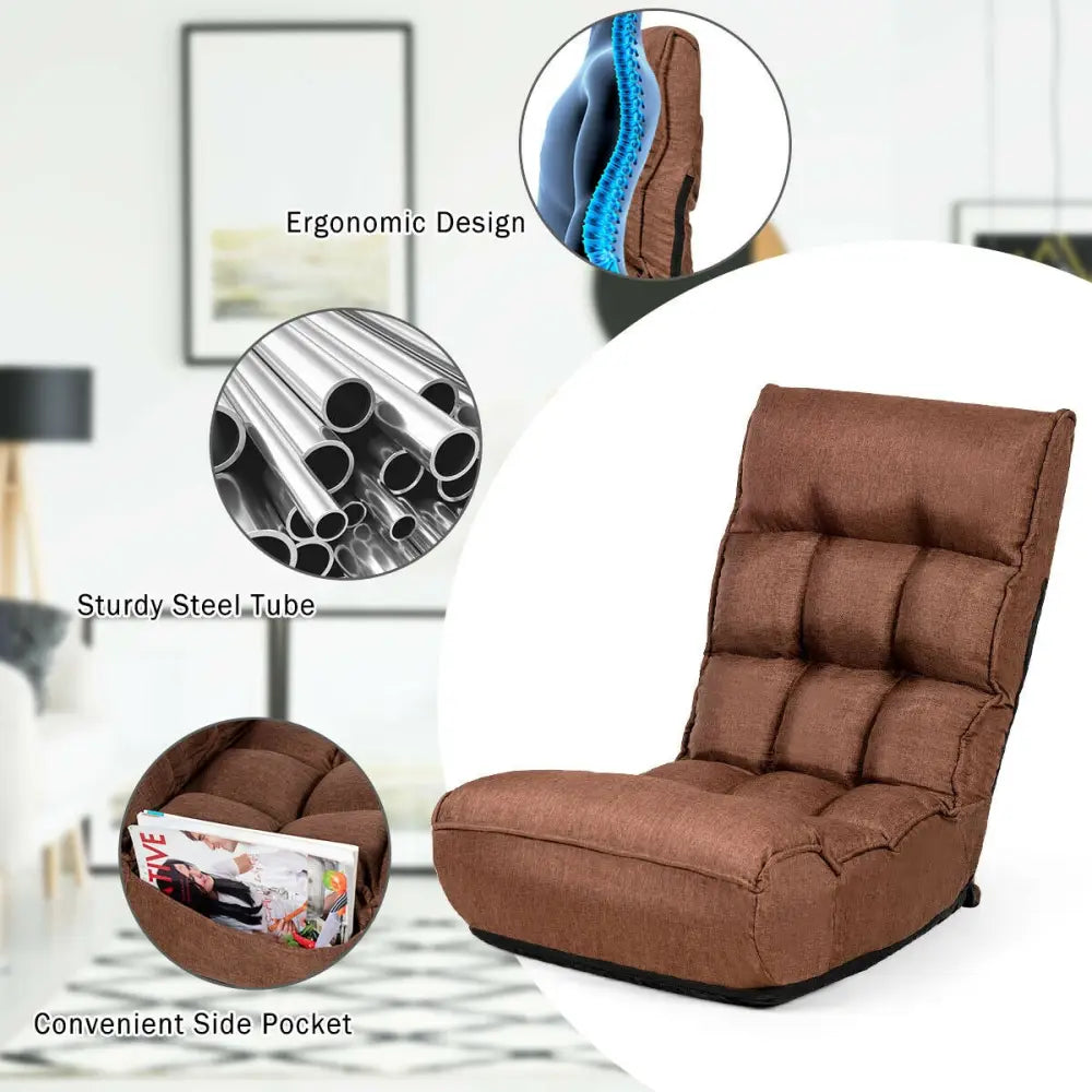 4-Position Adjustable Floor Chair Folding Lazy Sofa-Coffee - Coffee - Floor Chairs