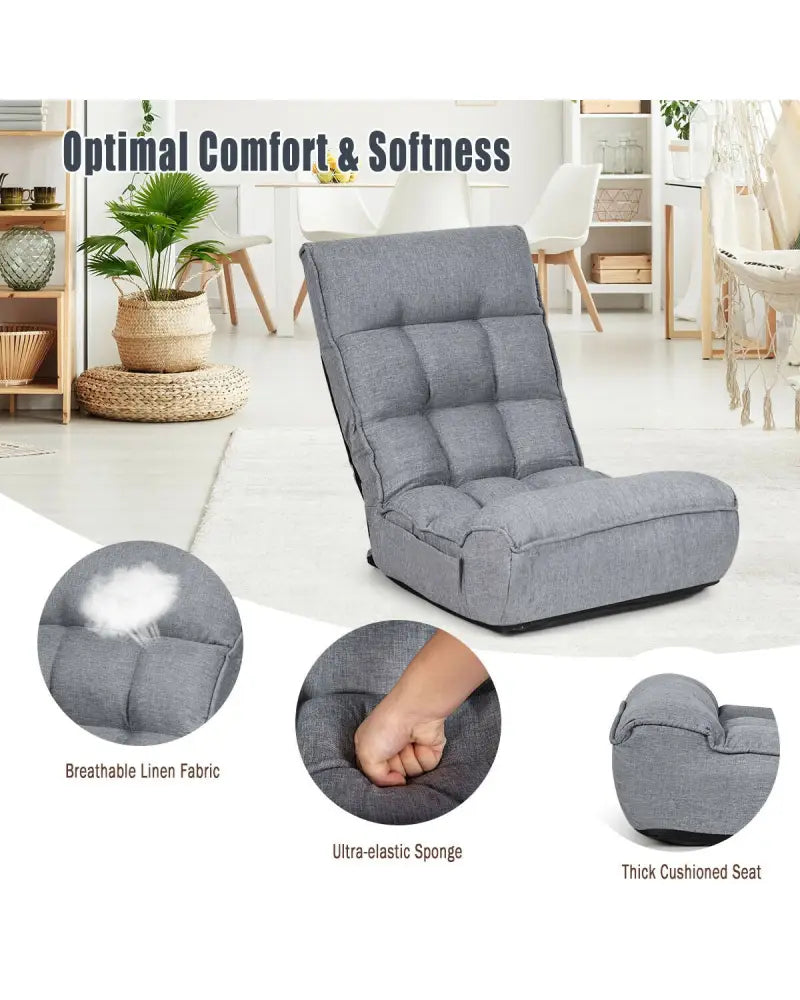 4-Position Adjustable Floor Chair Folding Lazy Sofa-Gray - Gray - Floor Chairs
