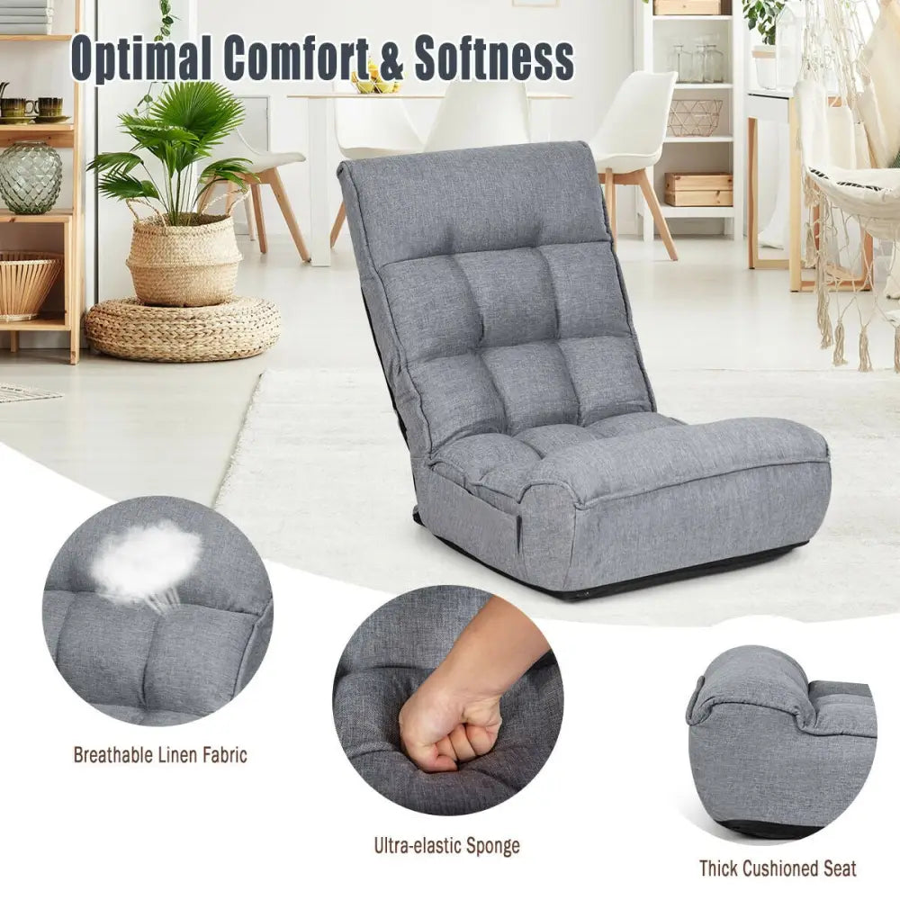 4-Position Adjustable Floor Chair Folding Lazy Sofa-Gray - Gray - Floor Chairs