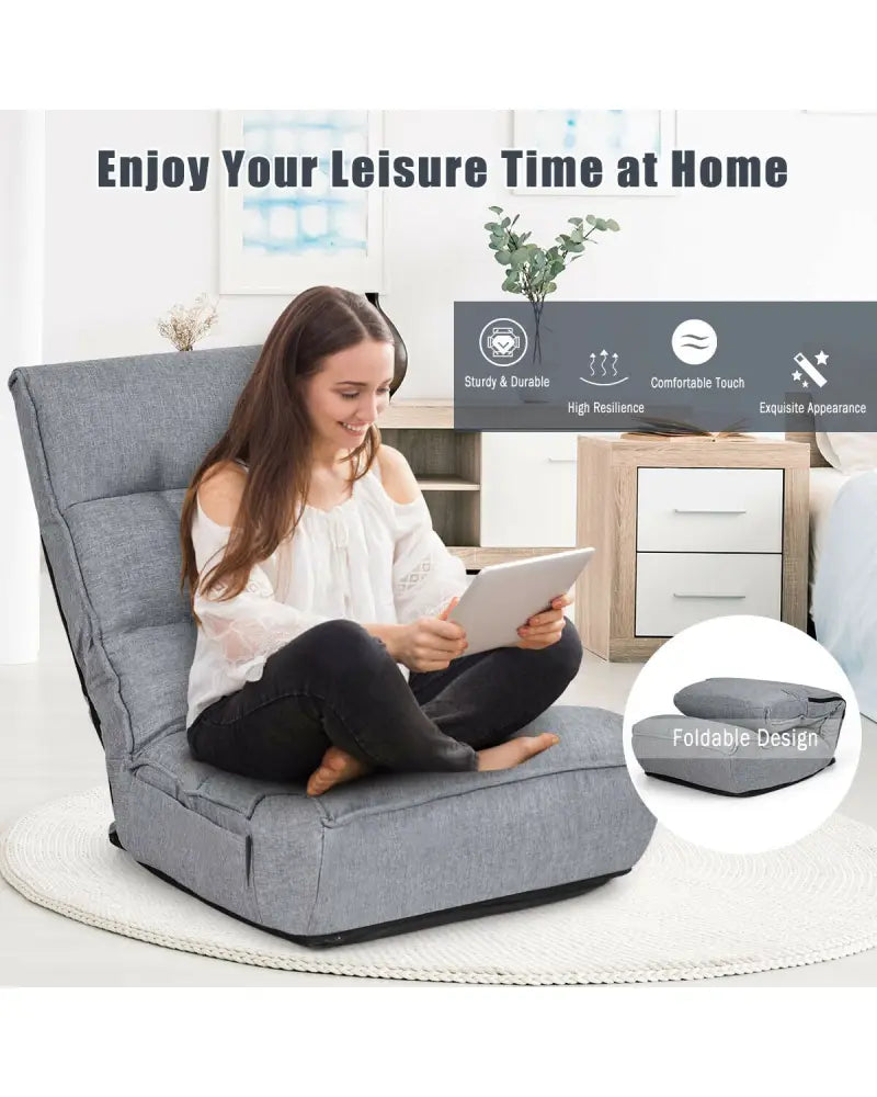 4-Position Adjustable Floor Chair Folding Lazy Sofa-Gray - Gray - Floor Chairs