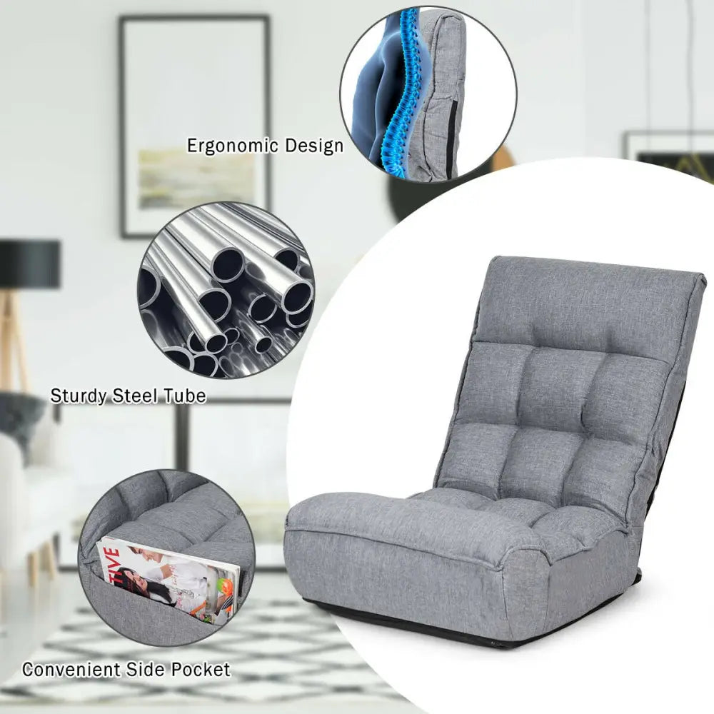 4-Position Adjustable Floor Chair Folding Lazy Sofa-Gray - Gray - Floor Chairs