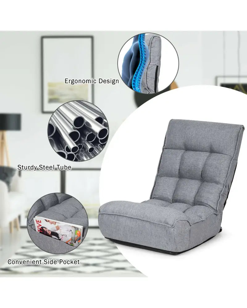 4-Position Adjustable Floor Chair Folding Lazy Sofa-Gray - Gray - Floor Chairs