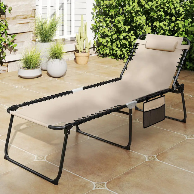 4 Position Folding Lounge Chaise with Adjustable Backrest and Footrest-Beige - Beige - Outdoor Seating & Patio Chairs
