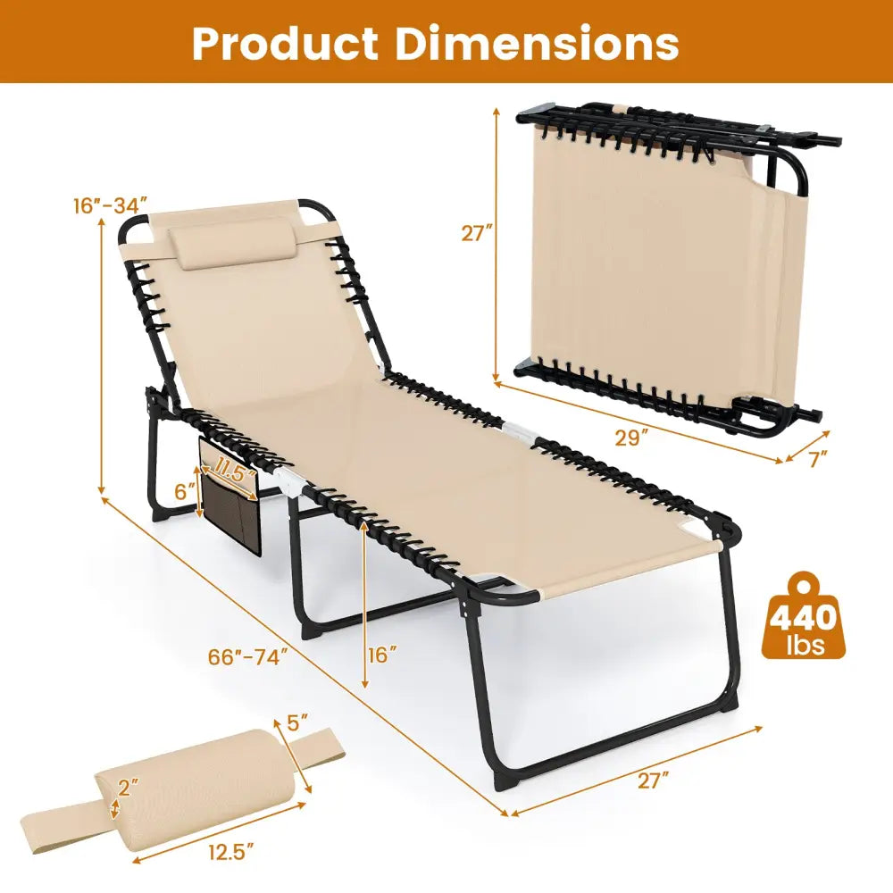 4 Position Folding Lounge Chaise with Adjustable Backrest and Footrest-Beige - Beige - Outdoor Seating & Patio Chairs