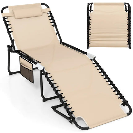 4 Position Folding Lounge Chaise with Adjustable Backrest and FootrestBeige - Oasis Home Essentials