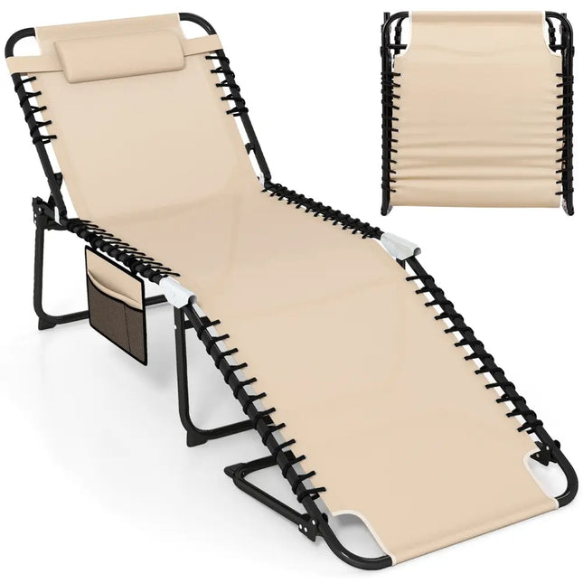 4 Position Folding Lounge Chaise with Adjustable Backrest and FootrestBeige - Oasis Home Essentials