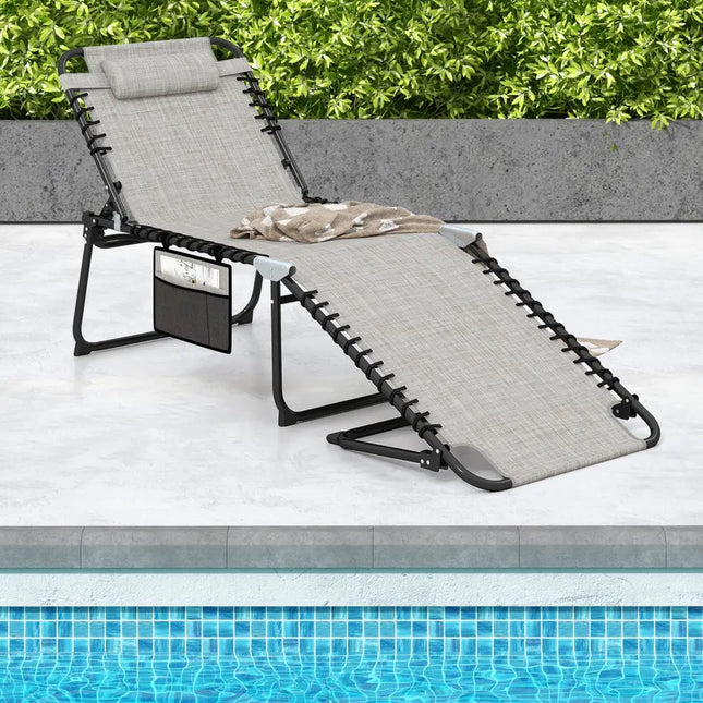 4 Position Folding Lounge Chaise with Adjustable Backrest and Footrest-Gray - Gray - Outdoor Seating & Patio Chairs