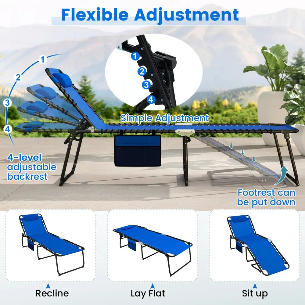 4 Position Folding Lounge Chaise with Adjustable Backrest and Footrest-Navy - Navy - Outdoor Seating & Patio Chairs