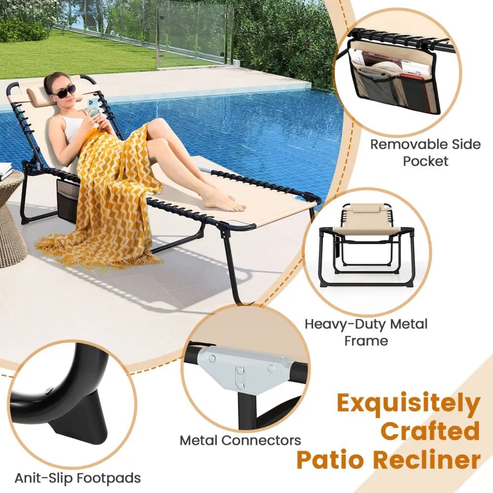 4 Position Folding Lounge Chaise with Adjustable Backrest and Footrest-Beige - Beige - Outdoor Seating & Patio Chairs