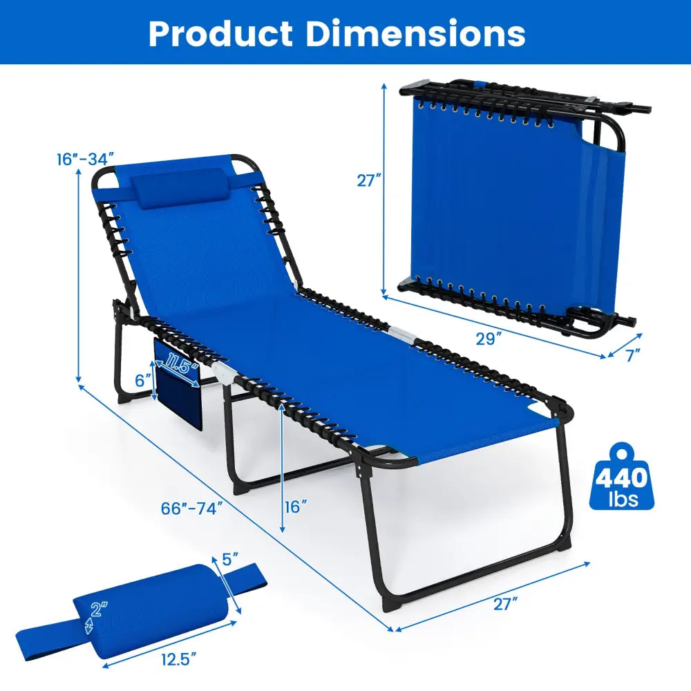 4 Position Folding Lounge Chaise with Adjustable Backrest and Footrest-Navy - Navy - Outdoor Seating & Patio Chairs