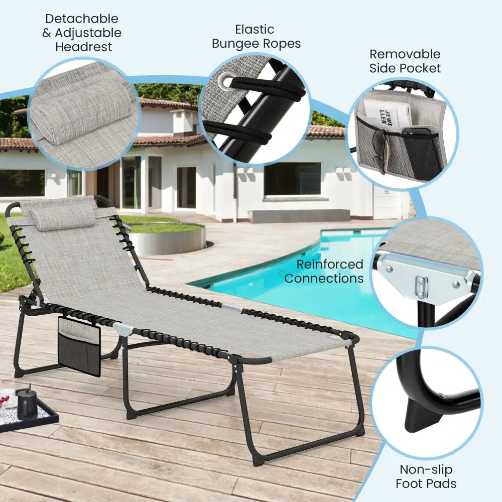 4 Position Folding Lounge Chaise with Adjustable Backrest and Footrest-Gray - Gray - Outdoor Seating & Patio Chairs
