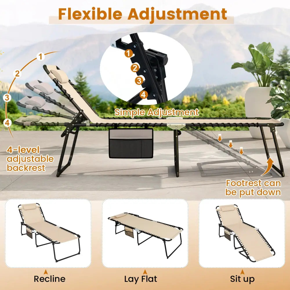 4 Position Folding Lounge Chaise with Adjustable Backrest and Footrest-Beige - Beige - Outdoor Seating & Patio Chairs