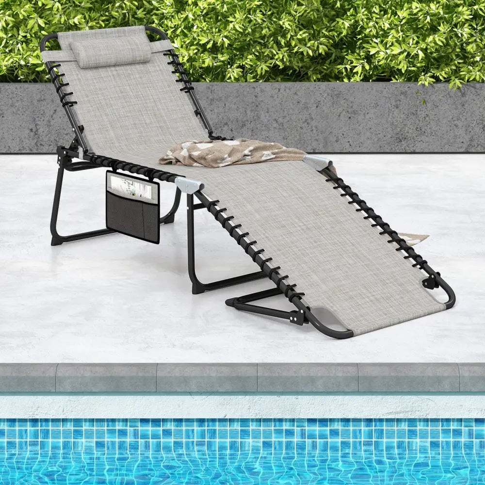 4 Position Folding Lounge Chaise with Adjustable Backrest and Footrest-Gray - Gray - Outdoor Seating & Patio Chairs