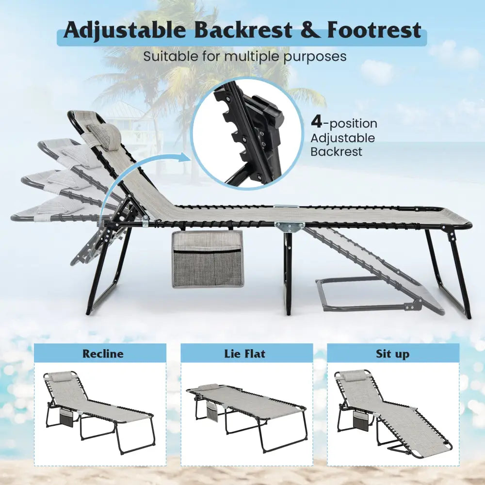 4 Position Folding Lounge Chaise with Adjustable Backrest and Footrest-Gray - Gray - Outdoor Seating & Patio Chairs
