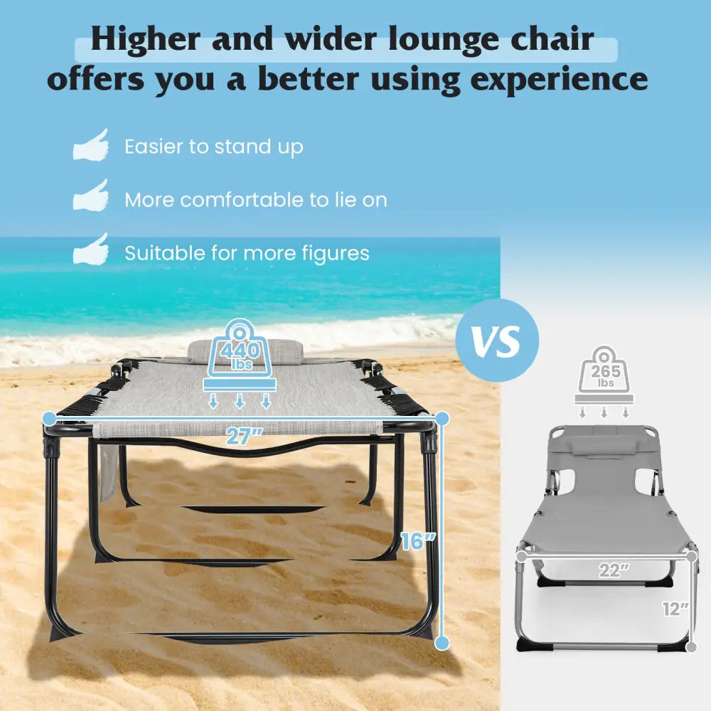 4 Position Folding Lounge Chaise with Adjustable Backrest and Footrest-Gray - Gray - Outdoor Seating & Patio Chairs