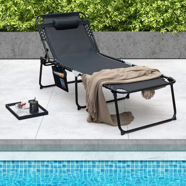 4 Position Folding Lounge Chaise with Adjustable Backrest and Footrest - Black - Outdoor Seating & Patio Chairs