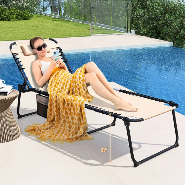 4 Position Folding Lounge Chaise with Adjustable Backrest and Footrest-Beige - Beige - Outdoor Seating & Patio Chairs