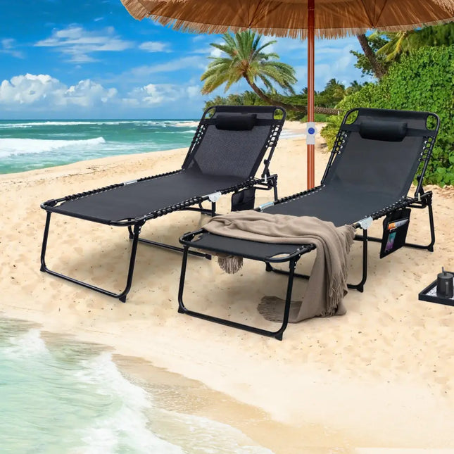 4 Position Folding Lounge Chaise with Adjustable Backrest and Footrest - Black - Outdoor Seating & Patio Chairs