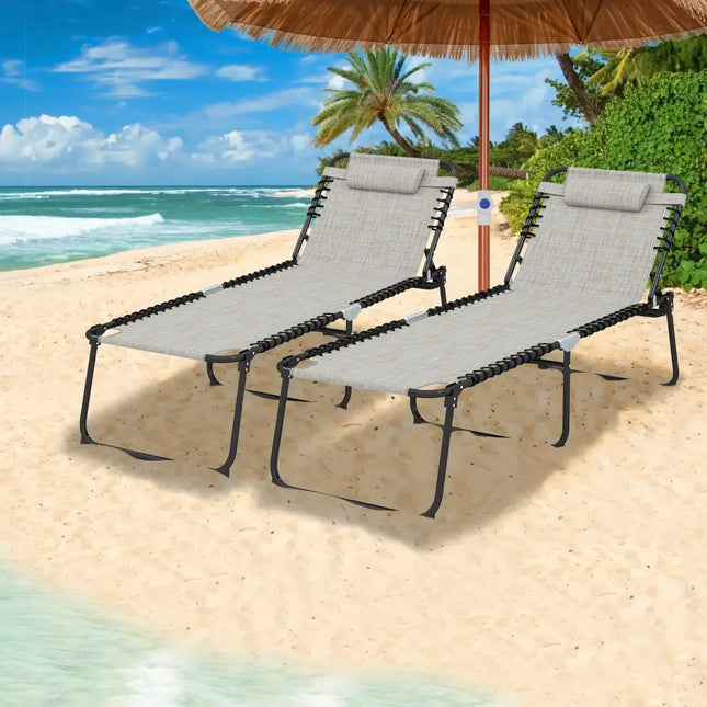 4 Position Folding Lounge Chaise with Adjustable Backrest and Footrest-Gray - Gray - Outdoor Seating & Patio Chairs