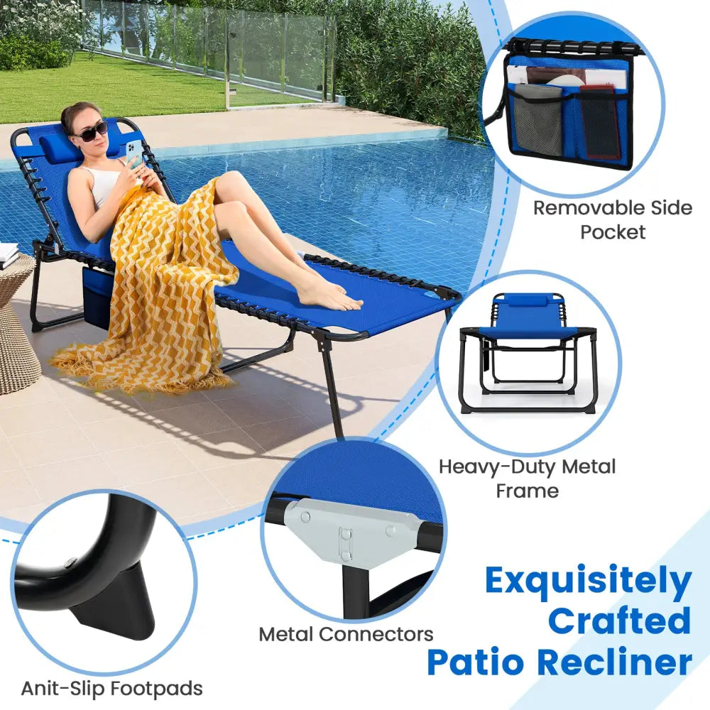 4 Position Folding Lounge Chaise with Adjustable Backrest and Footrest-Navy - Navy - Outdoor Seating & Patio Chairs