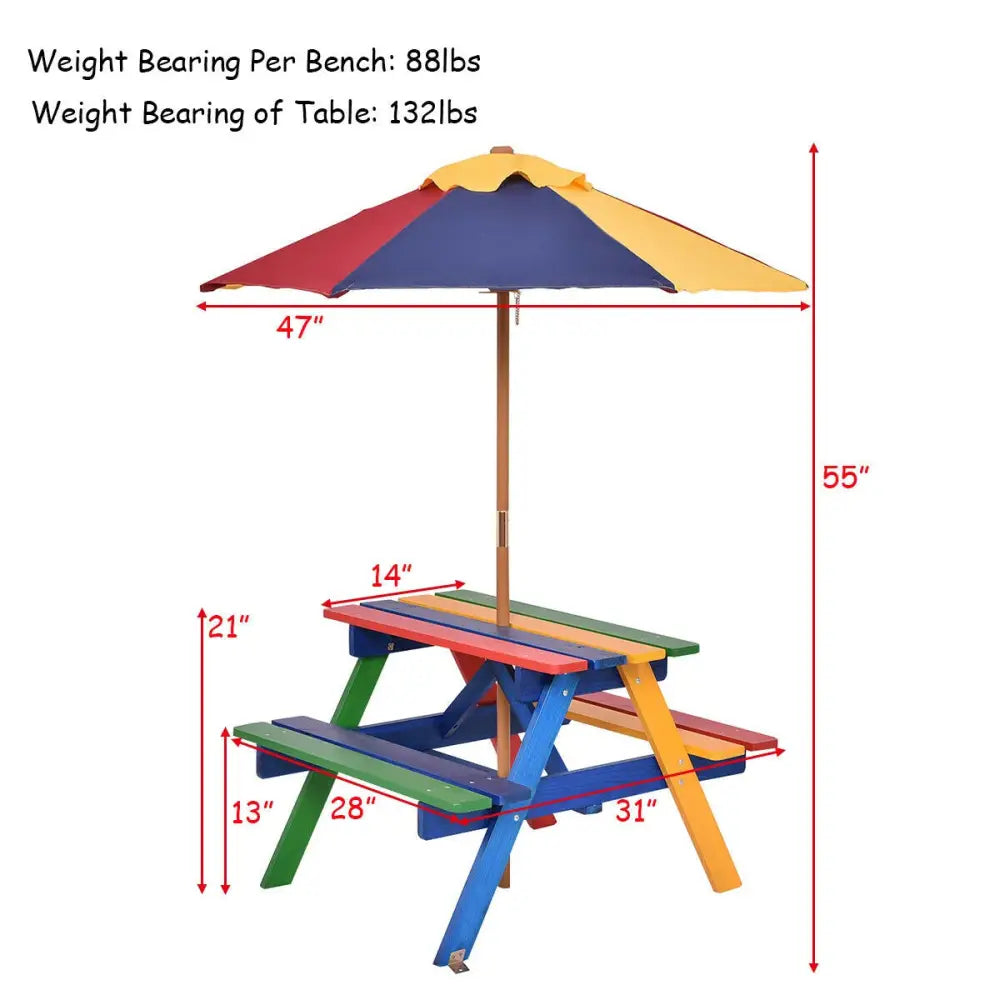 4 Seat Kids Picnic Table with Umbrella-Multicolor - Multicolor - Kids Table & Chair Sets