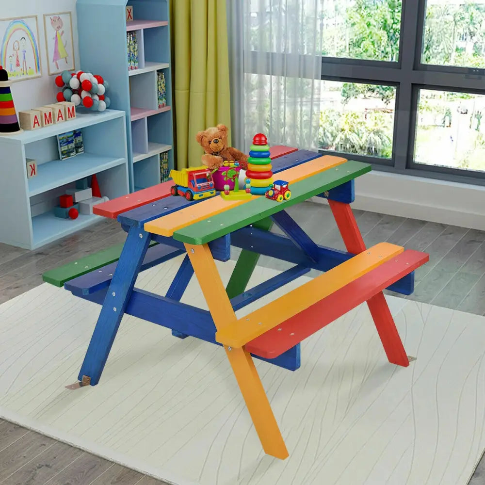4 Seat Kids Picnic Table with Umbrella-Multicolor - Multicolor - Kids Table & Chair Sets
