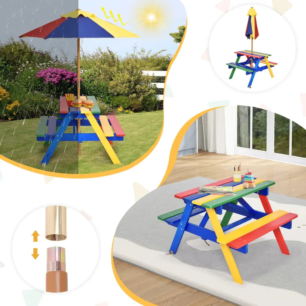 4 Seat Kids Picnic Table with Umbrella-Multicolor - Multicolor - Kids Table & Chair Sets