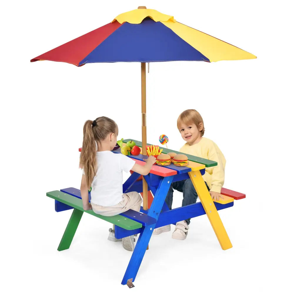 4 Seat Kids Picnic Table with Umbrella-Multicolor - Multicolor - Kids Table & Chair Sets