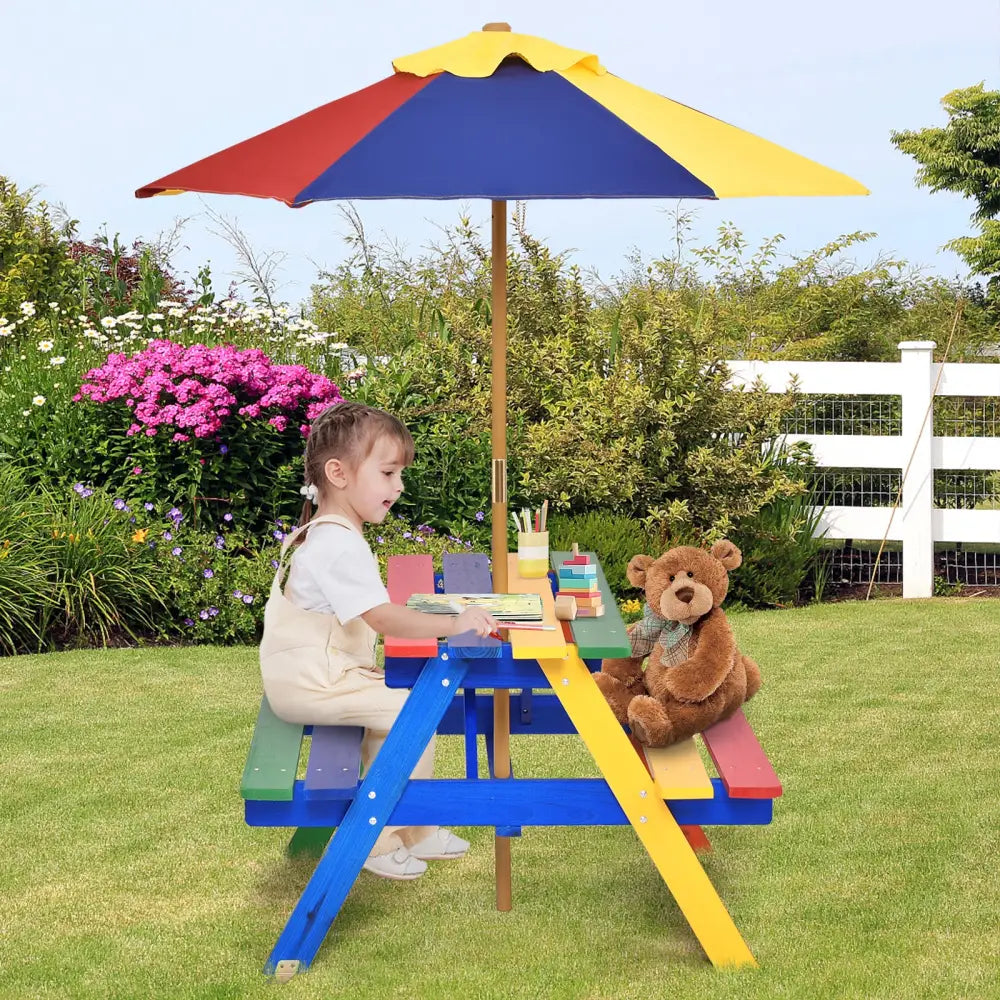4 Seat Kids Picnic Table with Umbrella-Multicolor - Multicolor - Kids Table & Chair Sets
